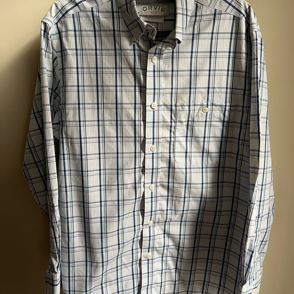 Orvis Men's White and Blue Checkered Shirt
